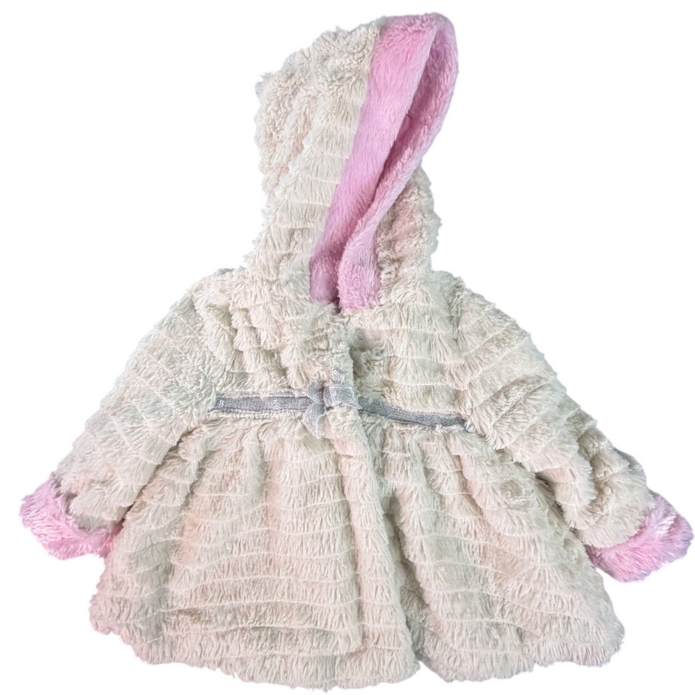 Little Lass‎ Baby Girls Cream Pink Fuzzy Hooded Coat 18 Months